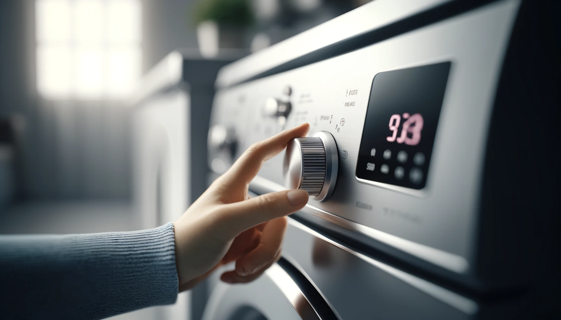 female hand selecting a mode on a washing machine using a knob